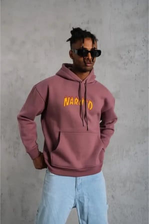 Erkek 3 İplik Pamuklu Kapüşonlu Baskılı Cepli Oversize Sweatshirt Hoodie - Gül Kurusu - Pe