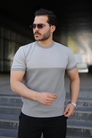 Erkek Renk Bloklu Bisiklet Yaka Kısa Kollu Triko Tişört - Gri