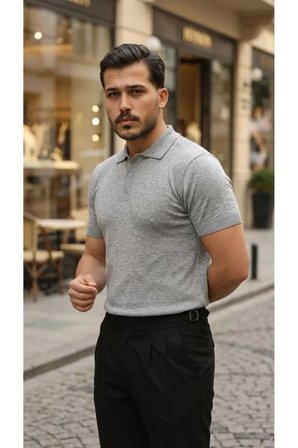 Yakamoz Moda Triko Polo Yaka Erkek Tişört Gri XL