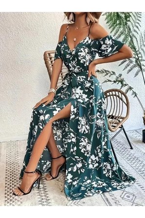 Yakamoz Moda Kruvaze Yaka Yırtmaçlı İp Askılı Kısa Kollu Desenli Günlük Elbise L-XL Beden