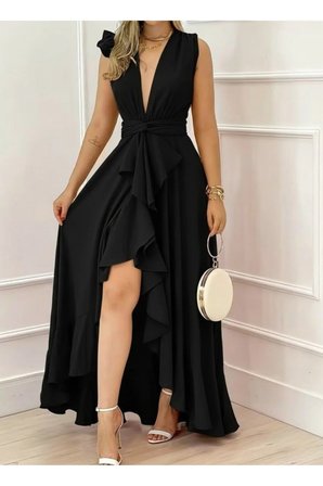 Yakamoz Moda Askılı Kruvaze Yakalı Volanlı Uzun Krep Elbise Siyah S/M