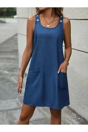 Yakamoz Moda Keten Günlük Elbise Mavi Kalın Askılı Düğmeli Cepli Bisiklet Yaka