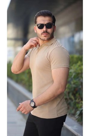 Yakamoz Moda Polo Yaka Erkek Tişört Bej S Beden