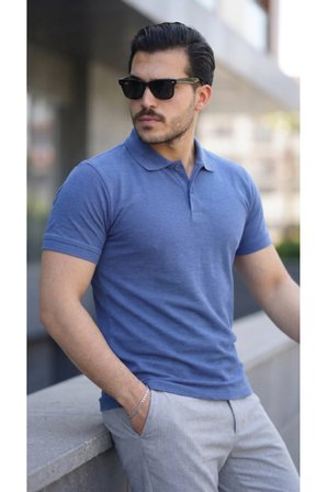 Yakamoz Moda Polo Yaka Kısa Kollu Düz Tişört Mavi S