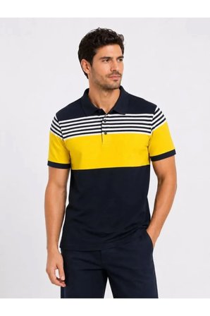 Yakamoz Moda Polo Yaka Tişört Çizgili Pike Kısa Kol Lacivert L