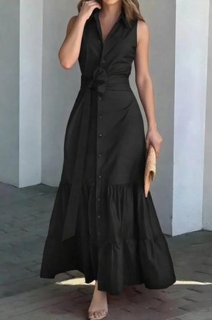 Yakamoz Moda Kolsuz Düğmeli Kuşaklı Uzun Günlük Elbise Siyah