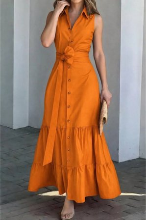 Yakamoz Moda Günlük Elbise Turuncu Sıfır Kol Gömlek Yaka Kuşaklı Uzun