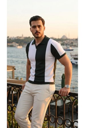Yakamoz Moda Erkek Polo Yaka Triko Tişört Kısa Kollu Blok Desenli