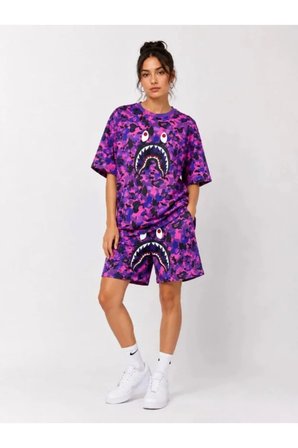 Oversize Kalıp Pubg Bape X Shark Nakışlı Cepli Şort Takım - Mor