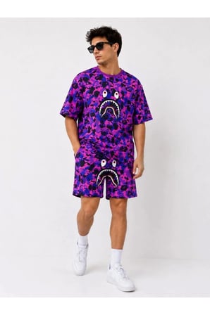Erkek Oversize Kalıp Pubg Bape X Shark Nakışlı Cepli Şort Takım - Mor