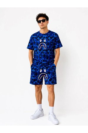 Erkek Oversize Kalıp Pubg Bape X Shark Nakışlı Cepli Şort Takım - Mavi