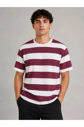Erkek Çizgili Oversize Tişört Bisiklet Yaka Kısa Kol Yazlık T-Shirt - Bordo