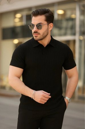 Yakamoz Moda Erkek Polo Yaka Tişört Siyah Kısa Kollu Triko Çizgili Casual