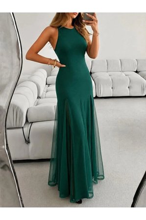 Yakamoz Moda Bisiklet Yaka Tül Detaylı Uzun Krep Elbise Koyu Yağ Yeşili