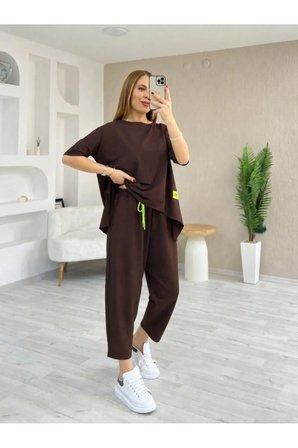 Kadın Kısa Kollu Bisiklet Yaka Viskon Iki Iplik Bluz Ve Pantolon Ikili Takım - Kahverengi
