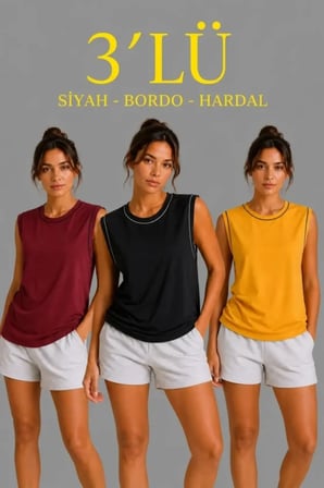 Kadın 3 lü Kolsuz Sporcu Atlet Seti Yazlık Bisiklet Yaka - Siyah, Bordo, Hardal