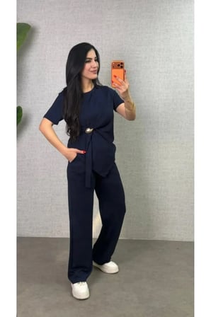 Kadın Kısa Kollu Bisiklet Yaka Yandan Toka Detaylı Viskon Iki Iplik Bluz Ve Pantolon Ikili