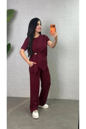 Kadın Kısa Kollu Bisiklet Yaka Yandan Toka Detaylı Viskon Iki Iplik Bluz Ve Pantolon Ikili