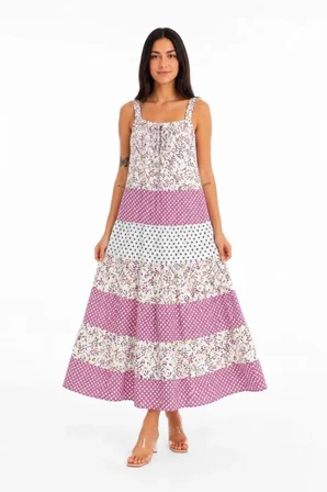 Yakamoz Moda Çiçek Desenli Maxi Günlük Elbise Askılı Keten Pembe Katlı