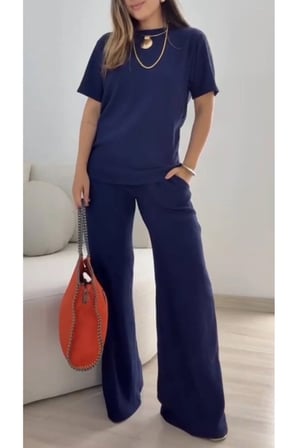 Kadın Kısa Kollu Bisiklet Yaka Viskon Iki Iplik Bluz Ve Pantolon Ikili Takım