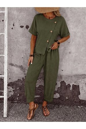 Yakamoz Moda Kadın Takım Haki Yeşili Kruvaze Yaka Viskon İkili Takım