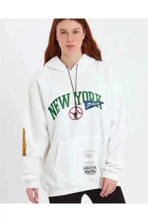 Kadın Baskılı Kapüşonlu Sweatshirt - Beyaz