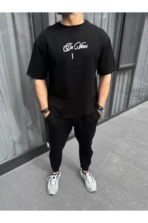 Unisex Baskılı Oversize T-Shirt - Siyah