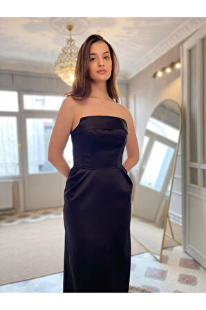 Saten Kumaş Straplez Modern Kalıp Abiye Elbise