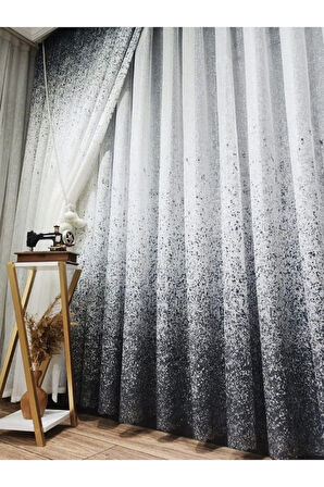 Yeni Tasarım Üst Renkli  Gri-Antrasit-Füme Serpinti Tül Ve Sağ/Sol Takım Tül Fon Perde