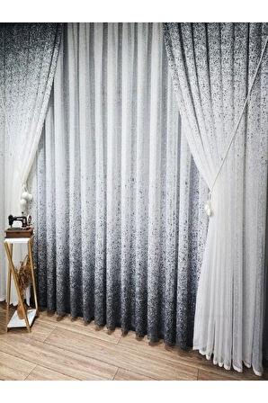 Yeni Tasarım Üst Renkli  Gri-Antrasit-Füme Serpinti Tül Ve Sağ/Sol Takım Tül Fon Perde