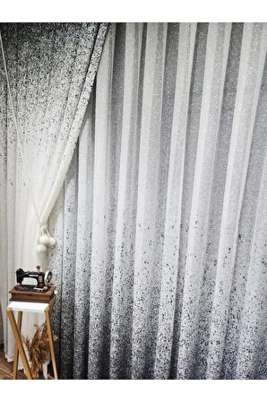Yeni Tasarım Üst Renkli  Gri-Antrasit-Füme Serpinti Tül Ve Sağ/Sol Takım Tül Fon Perde