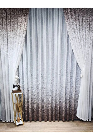 Yeni Tasarım Üst Renkli Kahverengi-Vizon Serpinti  Tül Ve Sağ/Sol Takım Tül Fon Perde