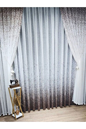 Yeni Tasarım Üst Renkli Kahverengi-Vizon Serpinti  Tül Ve Sağ/Sol Takım Tül Fon Perde