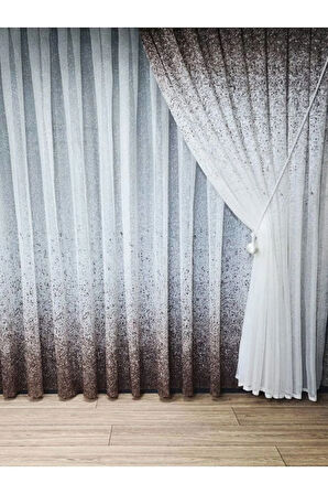 Yeni Tasarım Üst Renkli Kahverengi-Vizon Serpinti  Tül Ve Sağ/Sol Takım Tül Fon Perde