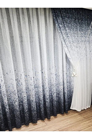 Yeni Tasarım Üst Renkli Lacivert Serpinti Tül Ve Sağ/Sol Takım Tül Fon Perde