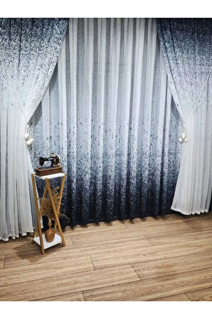 Yeni Tasarım Üst Renkli Lacivert Serpinti Tül Ve Sağ/Sol Takım Tül Fon Perde