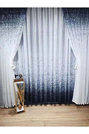 Yeni Tasarım Üst Renkli Lacivert Serpinti Tül Ve Sağ/Sol Takım Tül Fon Perde
