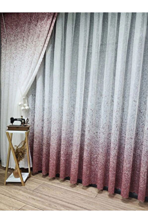 Yeni Tasarım Üst Renkli Pembe-Pudra Serpinti Tül Ve Sağ/Sol Takım Tül Fon Perde