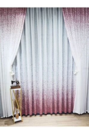 Yeni Tasarım Üst Renkli Pembe-Pudra Serpinti Tül Ve Sağ/Sol Takım Tül Fon Perde
