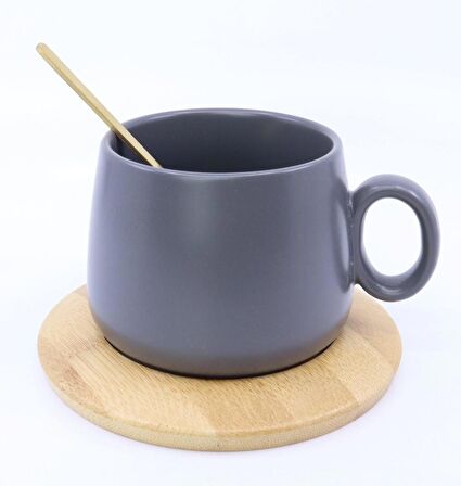 Bambu Tabaklı Seramik Kupa - Gri 