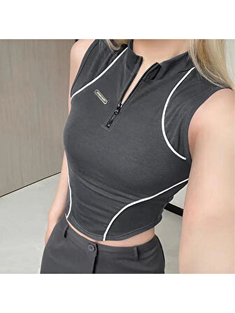 Füme Fermuar ve Beyaz Şerit Detaylı Askılı Kadın T-Shirt