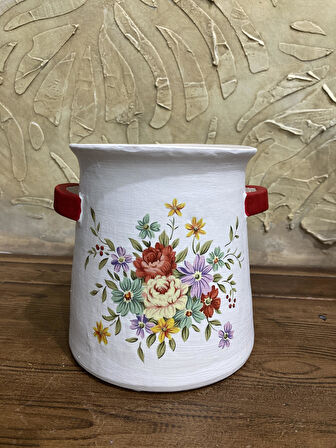 Kulplu Saksı,Vazo Çiçek Desenli