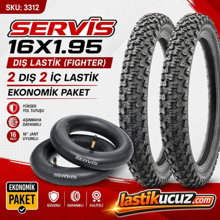 Servis 16X1.95 DIŞ LASTİK (FIGHTER) Bisiklet Lastiği VE İÇ LASTİĞİ (2 ŞER ADET, TAKIM)