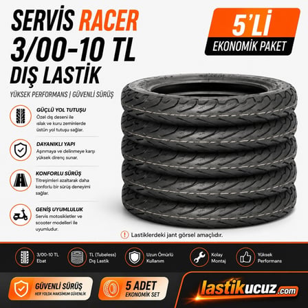 Servis Racer 3.00-10 TL Motosiklet Dış Lastiği 5 Adet Ekonomik Paket Tubeless Scooter Lastiği