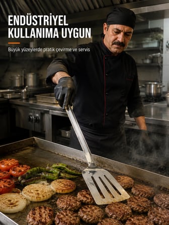 Beylini NO 2 Endüstriyel Servis Spatulası Delikli Paslanmaz Çelik Uzun Saplı Geniş Yüzeyli Asılabilir Izgara Tava Lokanta Okul Yemekhane Profesyonel