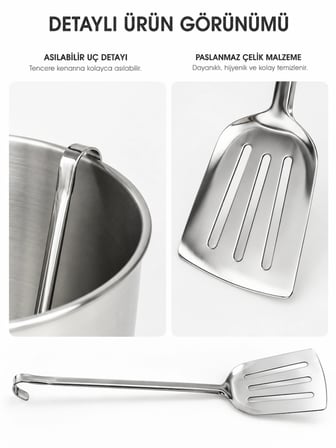 Beylini NO 3 Endüstriyel Servis Spatulası Delikli Paslanmaz Çelik Uzun Saplı Geniş Yüzeyli Asılabilir Izgara Tava Lokanta Okul Yemekhane Profesyonel