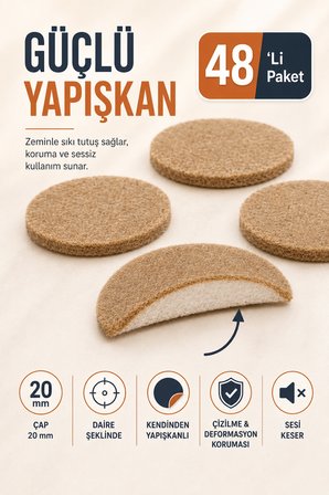 Nobel 48’li Kendinden Yapışkanlı Keçe 20 mm – Masa, Sandalye ve Mobilya Ayağı İçin Parke Zemin Koruyucu, Çizilme Önleyici, Ses Kesici Keçe Ped