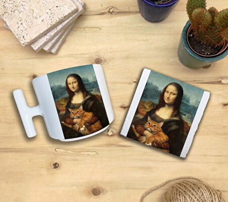 Kediler Ve Sanat/leonardo Da Vinci Mona Lisa Set 9 - T Kulplu Fincan Kupa Taş Bardak Altlığı 1