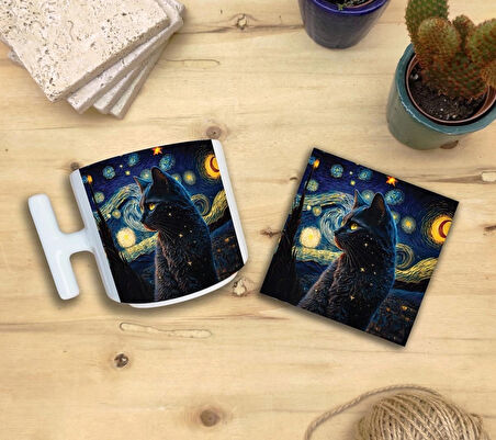 Kediler Ve Sanat/van Gogh Yıldızlı Gece Set 9 - T Kulplu Fincan Kupa Taş Bardak Altlığı 8