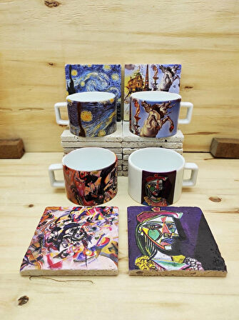 Van Gogh, Dali, Picasso, Kandinsky-çay Kahve Fincanı Ve Traverten Bardak Altlığı 4'lü Hediyelik Set